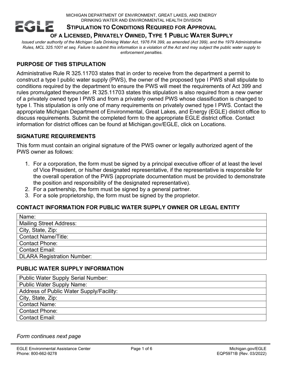Form EQP5971B Stipulation to Conditions Required for Approval of a Licensed, Privately Owned, Type 1 Public Water Supply - Michigan, Page 1