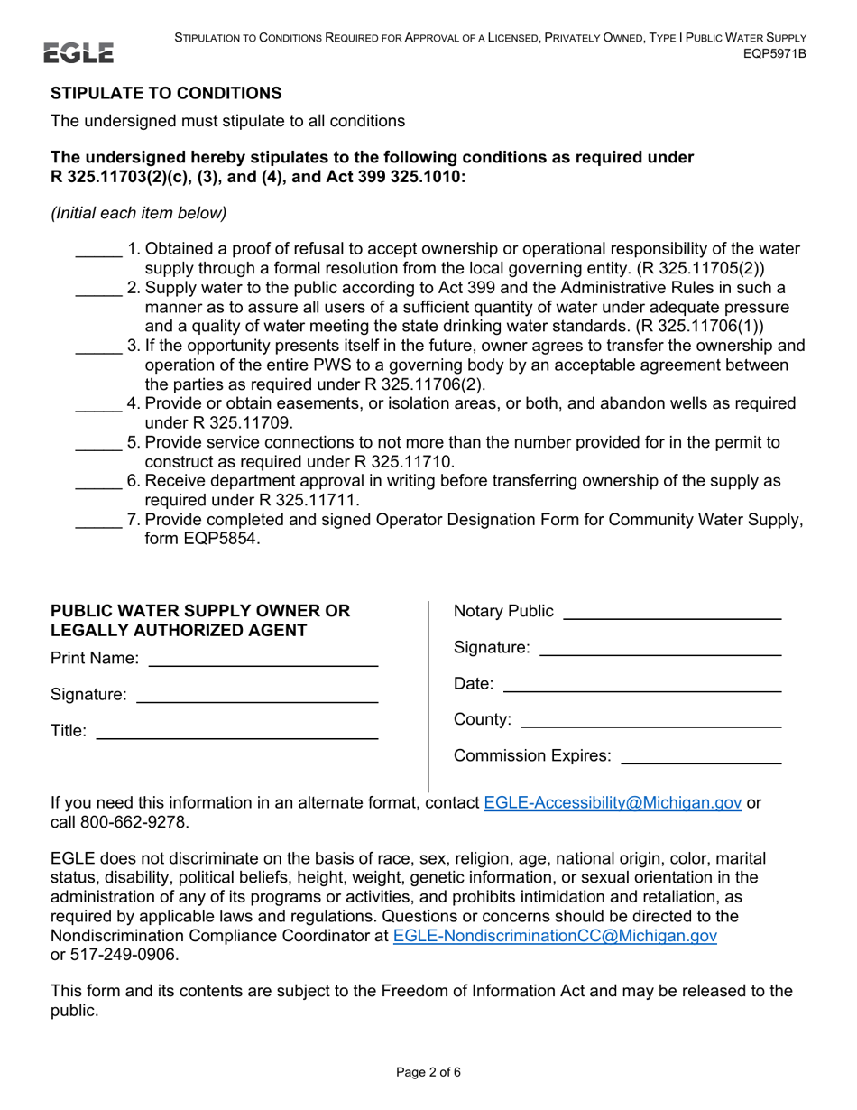 Form EQP5971B Stipulation to Conditions Required for Approval of a Licensed, Privately Owned, Type 1 Public Water Supply - Michigan, Page 2