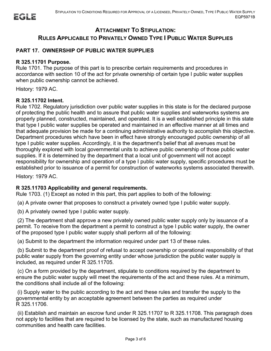 Form EQP5971B Stipulation to Conditions Required for Approval of a Licensed, Privately Owned, Type 1 Public Water Supply - Michigan, Page 3