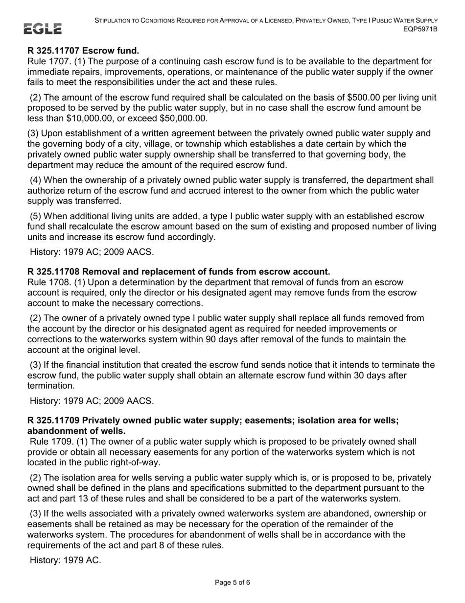 Form EQP5971B Stipulation to Conditions Required for Approval of a Licensed, Privately Owned, Type 1 Public Water Supply - Michigan, Page 5
