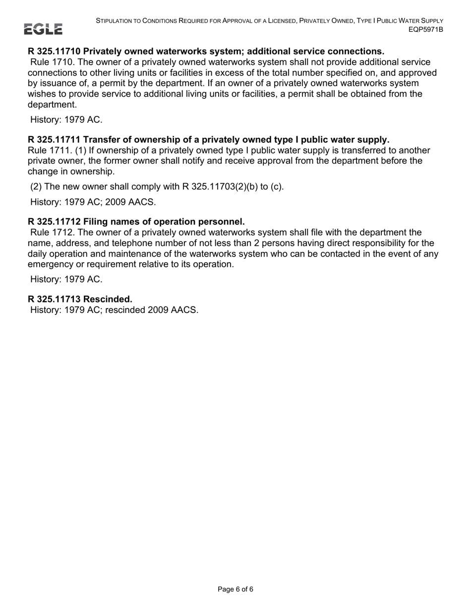 Form EQP5971B Stipulation to Conditions Required for Approval of a Licensed, Privately Owned, Type 1 Public Water Supply - Michigan, Page 6