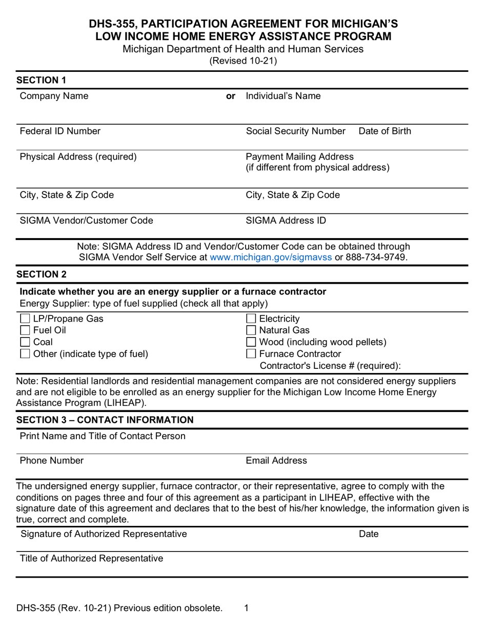 Form DHS-355 Participation Agreement for Michigans Low Income Home Energy Assistance Program - Michigan, Page 1
