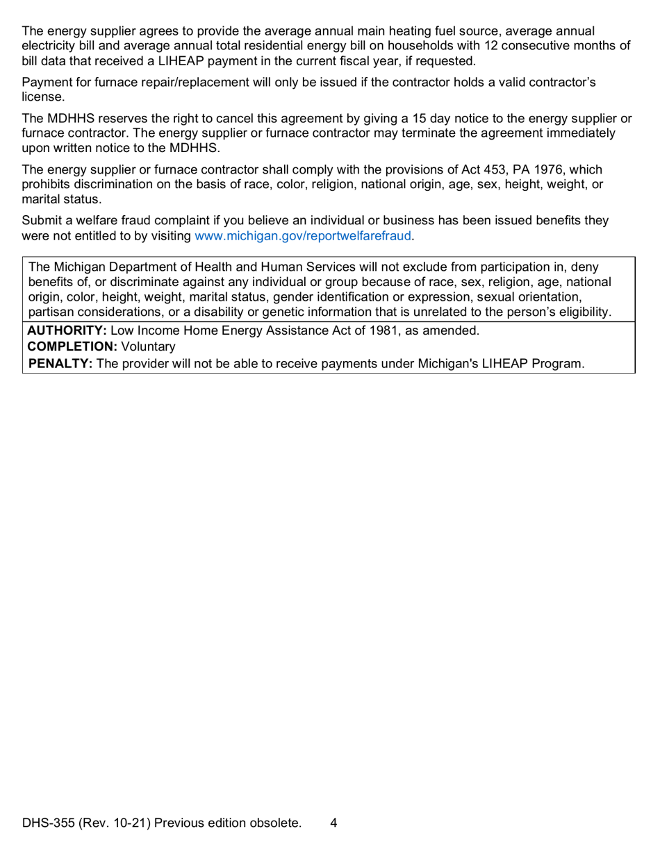 Form DHS-355 Participation Agreement for Michigans Low Income Home Energy Assistance Program - Michigan, Page 4
