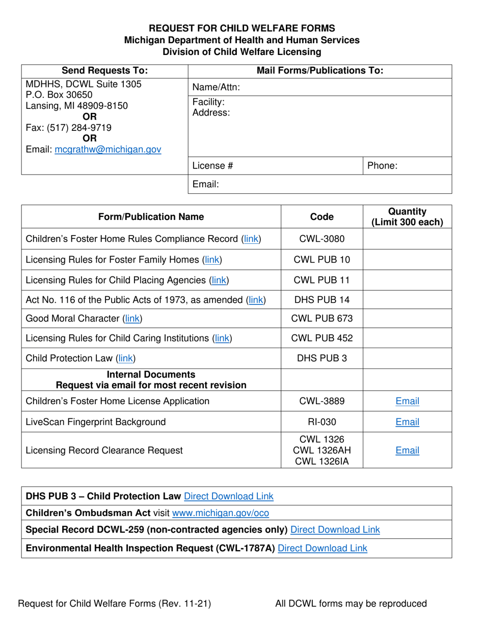 Request for Child Welfare Forms - Michigan, Page 1