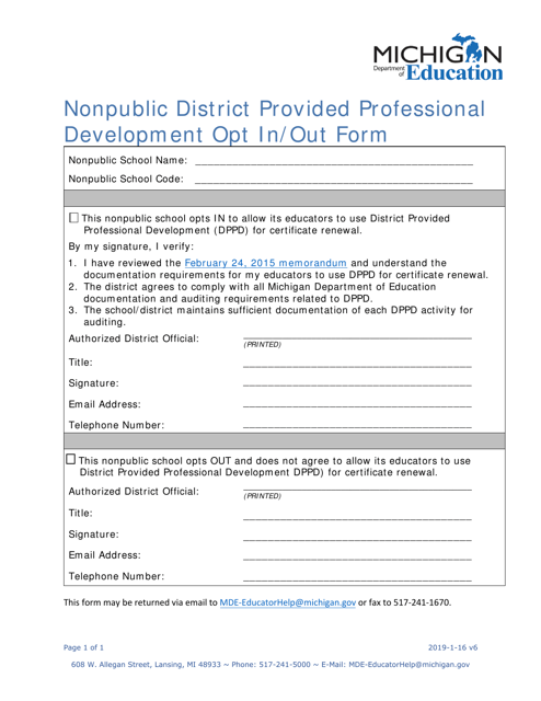 Nonpublic District Provided Professional Development Opt in / Out Form - Michigan Download Pdf