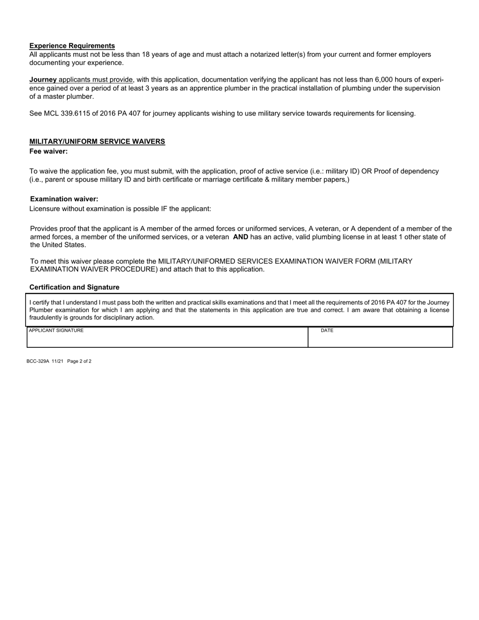 Form BCC-329A Application for Journey Plumber Examination  License - Michigan, Page 2