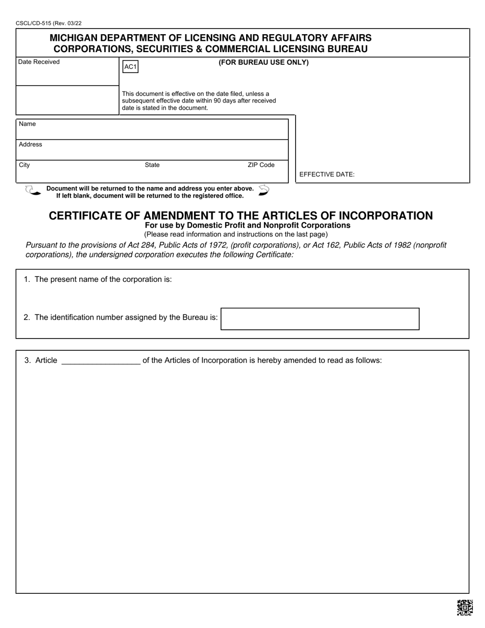 Form CSCL / CD-515 Certificate of Amendment to the Articles of Incorporation - Domestic Profit and Nonprofit Corporations - Michigan, Page 1