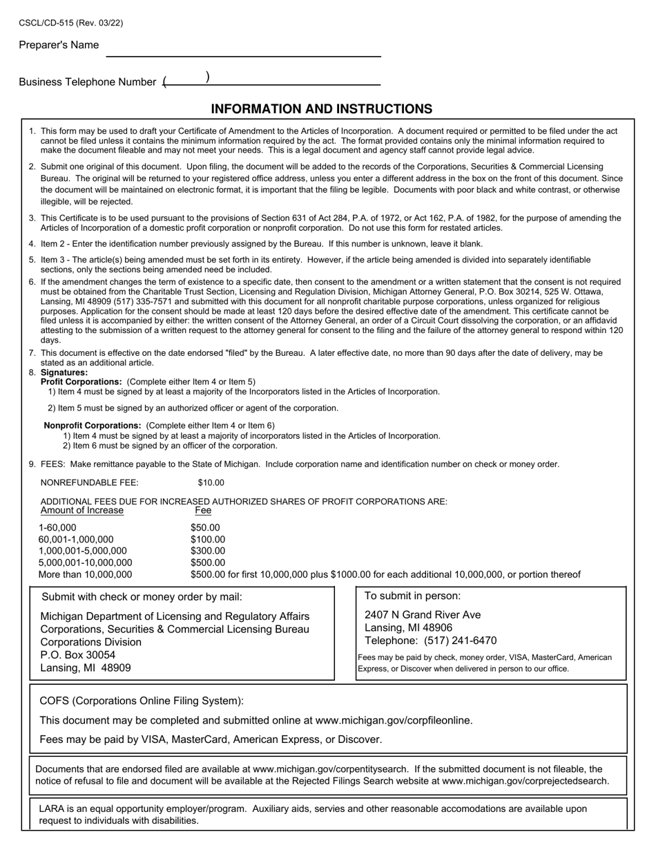 Form CSCL / CD-515 Certificate of Amendment to the Articles of Incorporation - Domestic Profit and Nonprofit Corporations - Michigan, Page 4