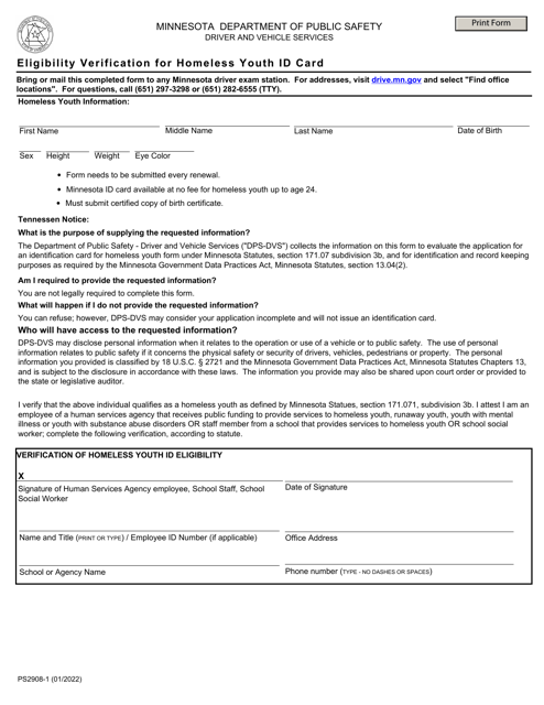 Form PS2908 Eligibility Verification for Homeless Youth Id Card - Minnesota