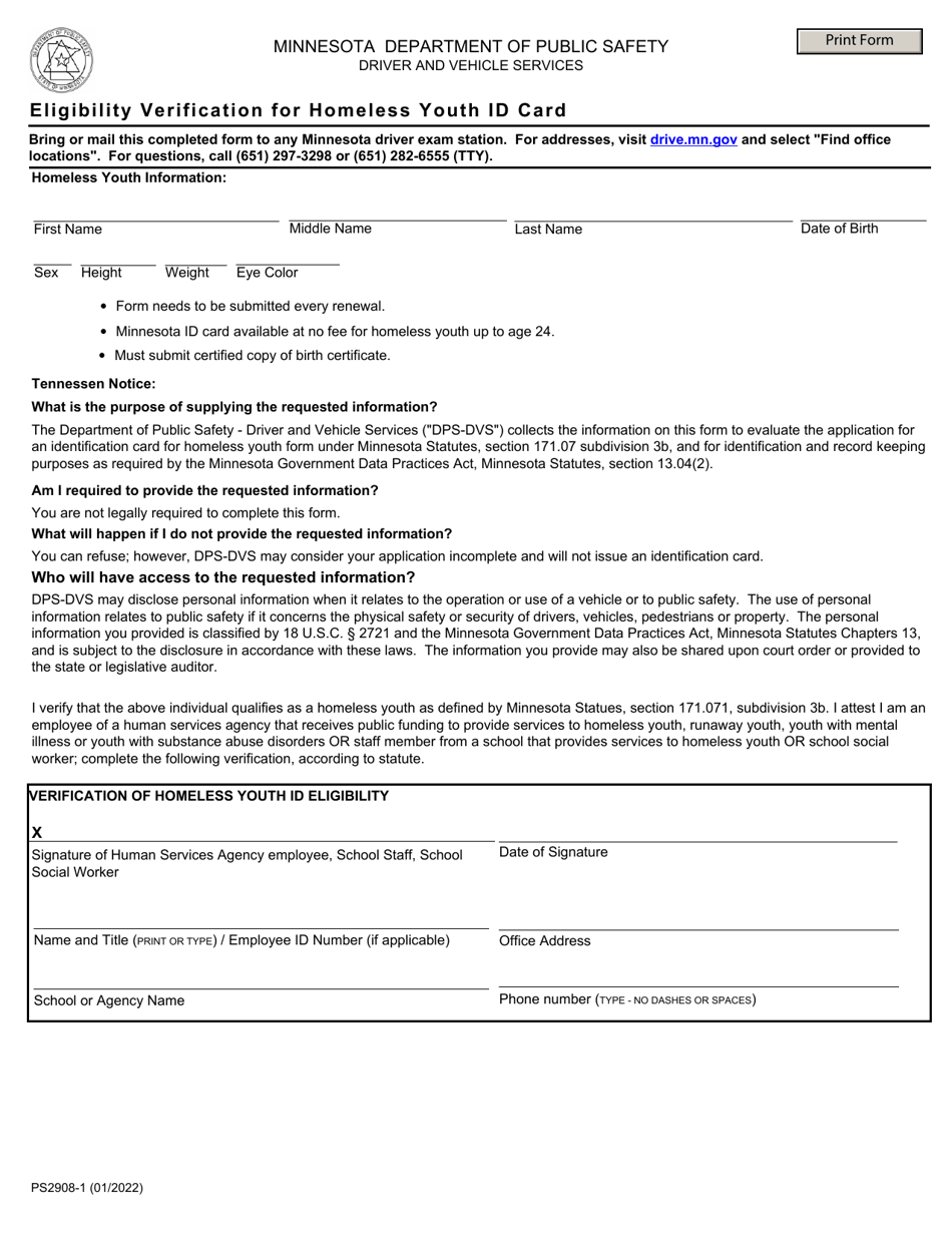 Form PS2908 Eligibility Verification for Homeless Youth Id Card - Minnesota, Page 1
