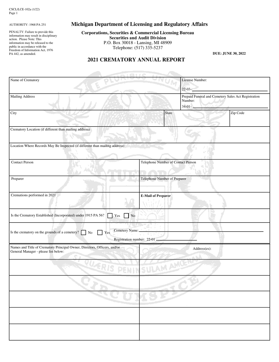 Form CSCL / LCE-102A Crematory Annual Report - Michigan, Page 1