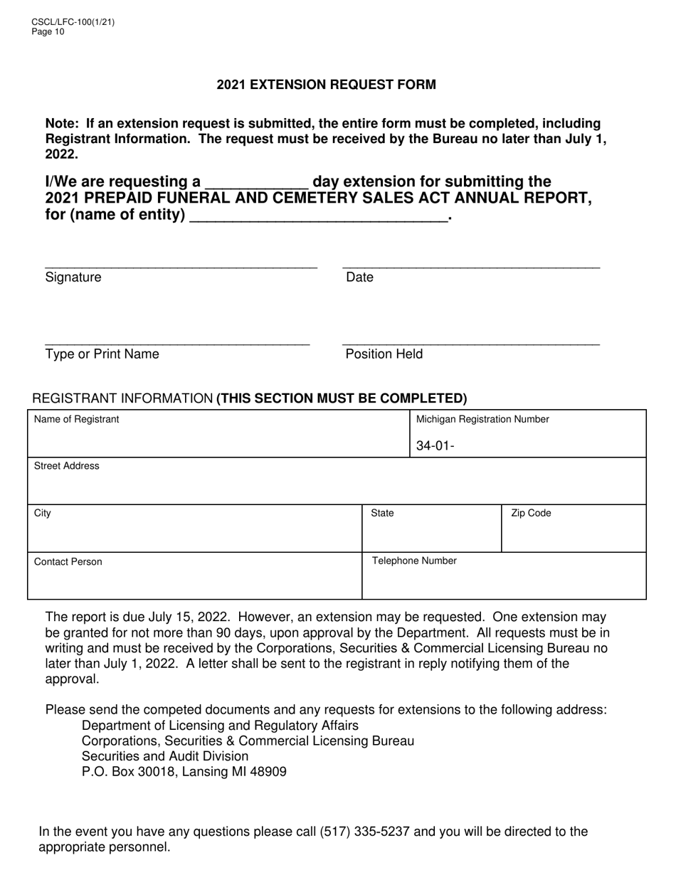 Form CSCL / LFC-100 Prepaid Funeral and Cemetery Sales Act Annual Report - Michigan, Page 10