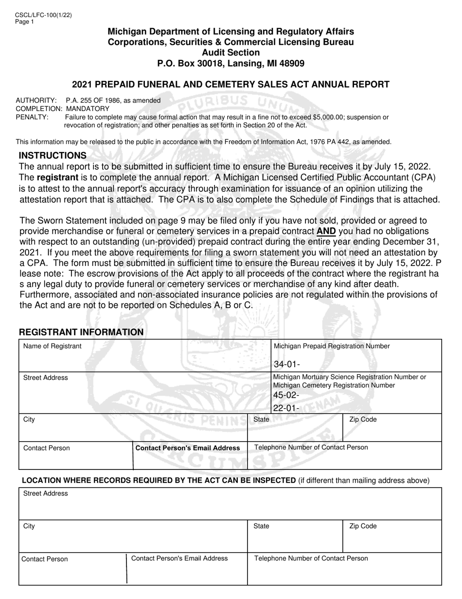 Form CSCL / LFC-100 Prepaid Funeral and Cemetery Sales Act Annual Report - Michigan, Page 1