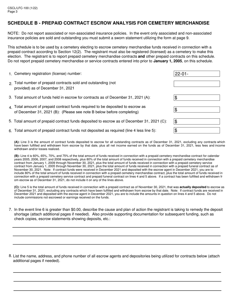 Form CSCL / LFC-100 Prepaid Funeral and Cemetery Sales Act Annual Report - Michigan, Page 3