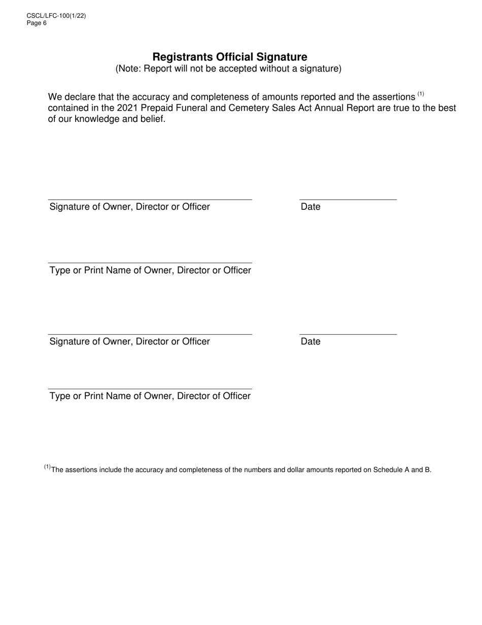 Form CSCL / LFC-100 Prepaid Funeral and Cemetery Sales Act Annual Report - Michigan, Page 6