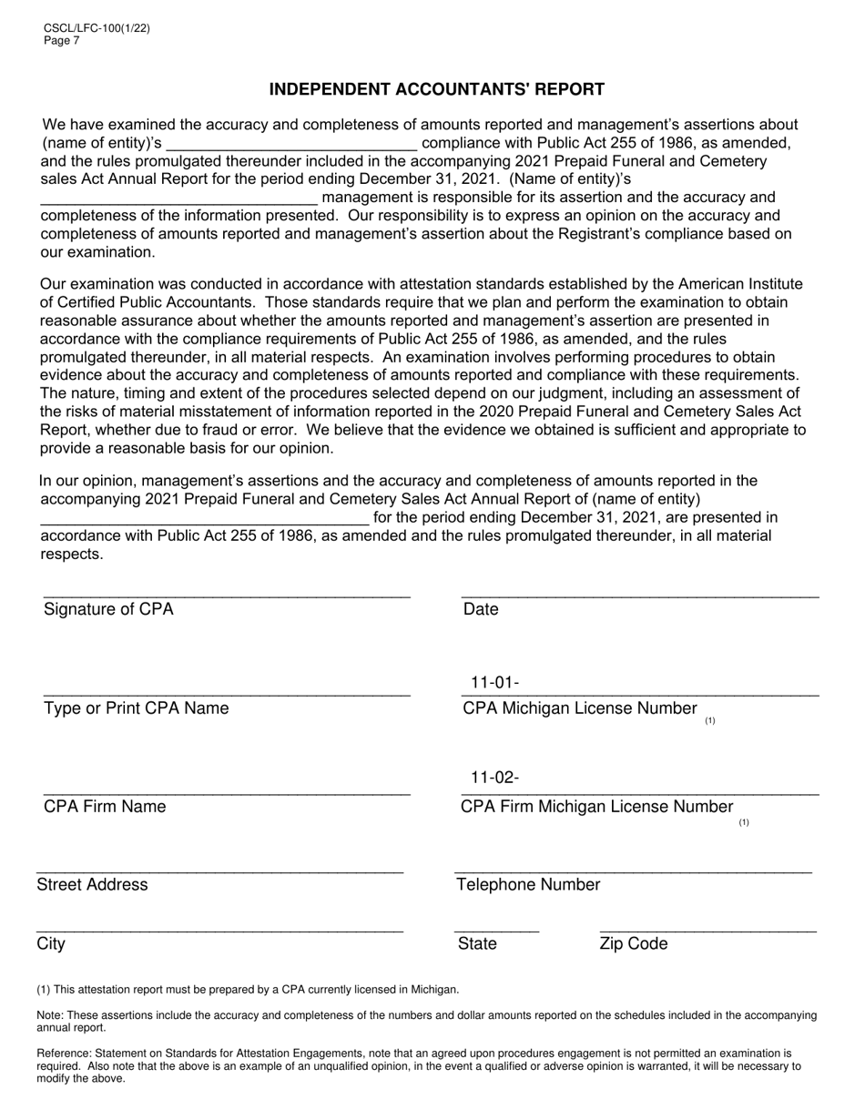 Form CSCL / LFC-100 Prepaid Funeral and Cemetery Sales Act Annual Report - Michigan, Page 7
