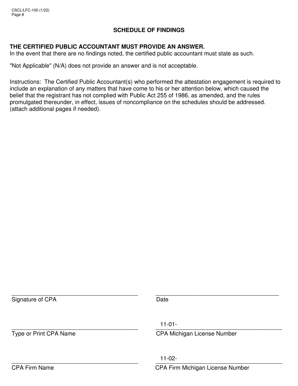 Form CSCL / LFC-100 Prepaid Funeral and Cemetery Sales Act Annual Report - Michigan, Page 8