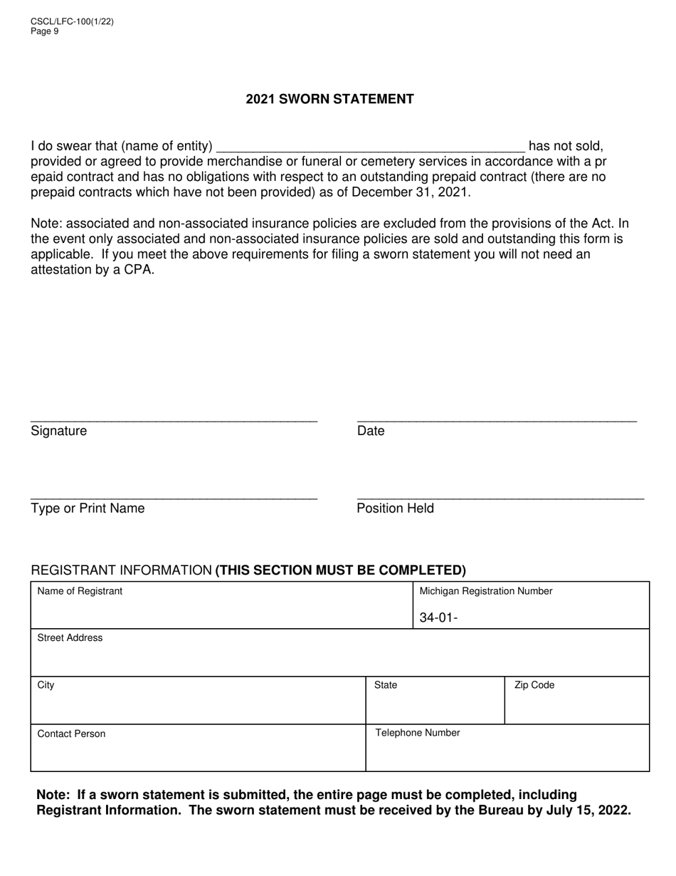 Form CSCL / LFC-100 Prepaid Funeral and Cemetery Sales Act Annual Report - Michigan, Page 9
