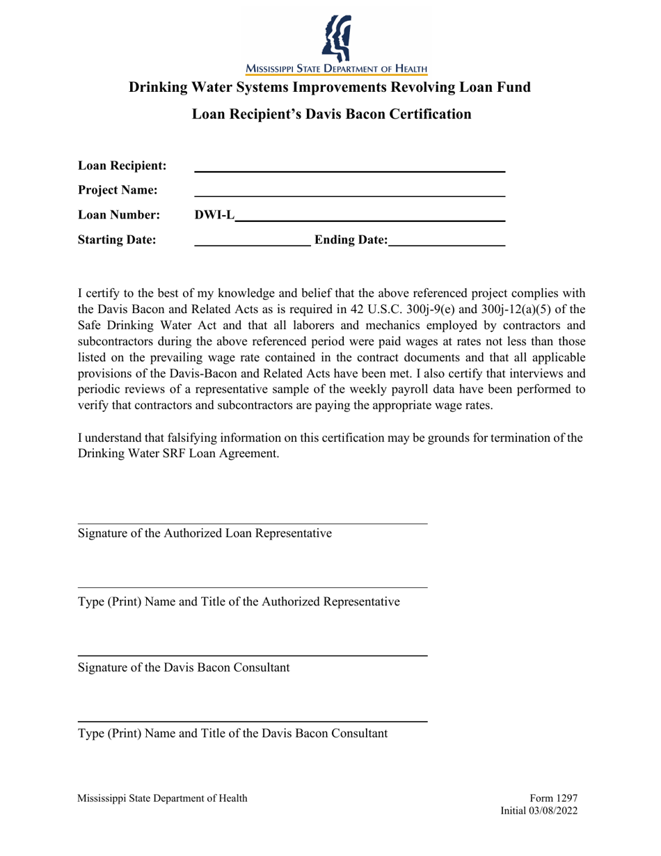 Form 1297 Drinking Water Systems Improvements Revolving Loan Fund Loan Recipients Davis Bacon Certification - Mississippi, Page 1