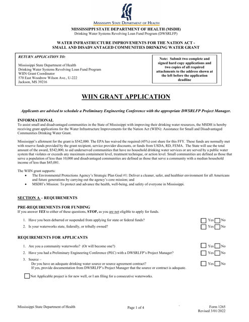 Form 1265 Wiin Grant Application - Mississippi