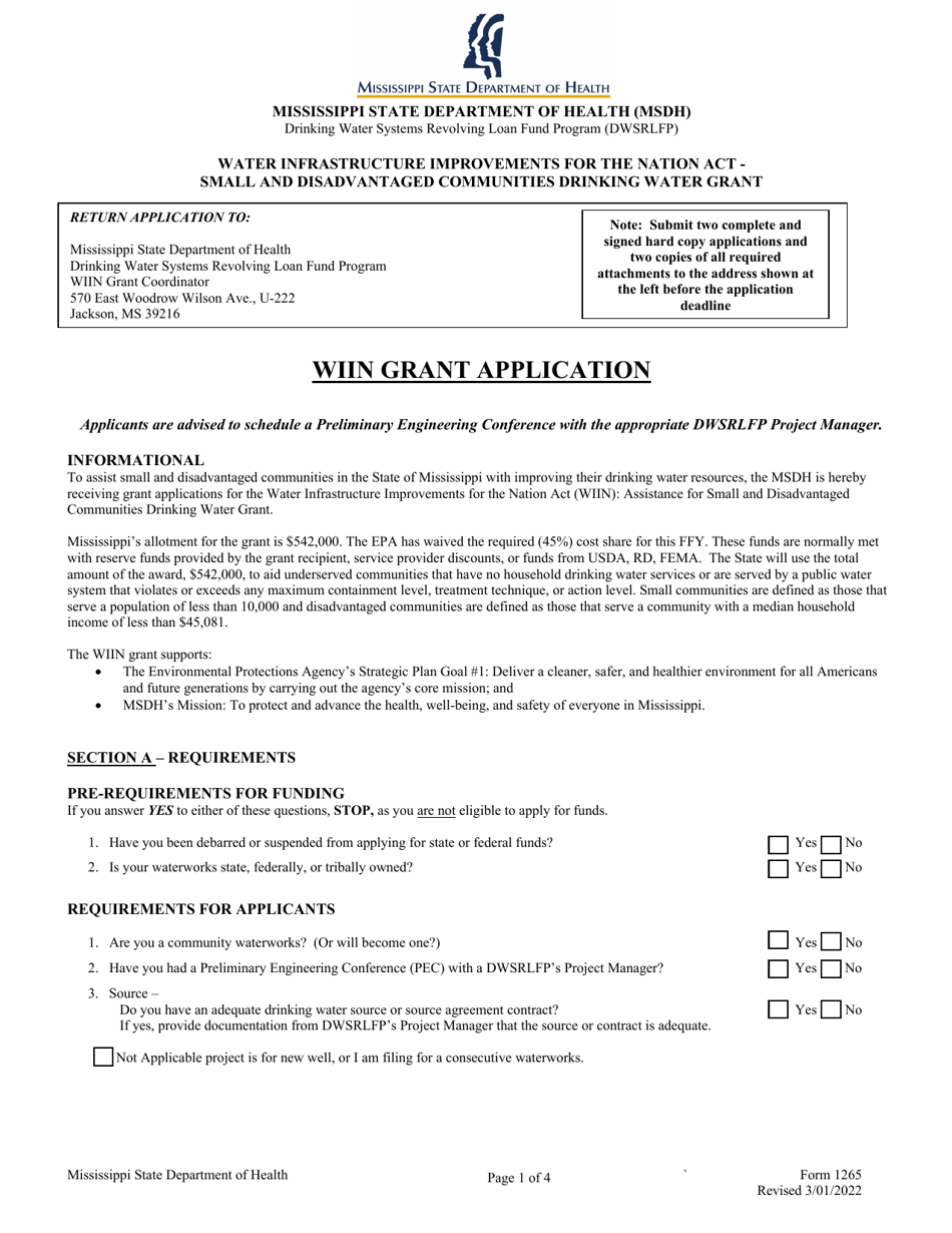 Form 1265 Wiin Grant Application - Mississippi, Page 1