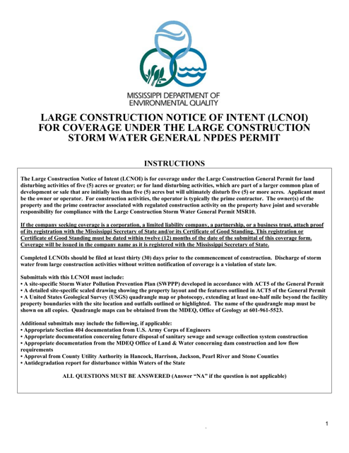 Large Construction Notice of Intent (Lcnoi) for Coverage Under the Large Construction Storm Water General Npdes Permit - Mississippi Download Pdf