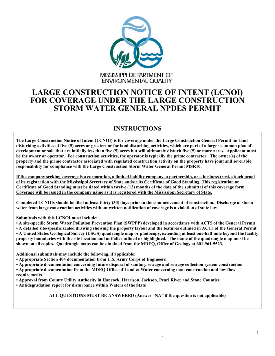 Large Construction Notice of Intent (Lcnoi) for Coverage Under the Large Construction Storm Water General Npdes Permit - Mississippi, Page 1
