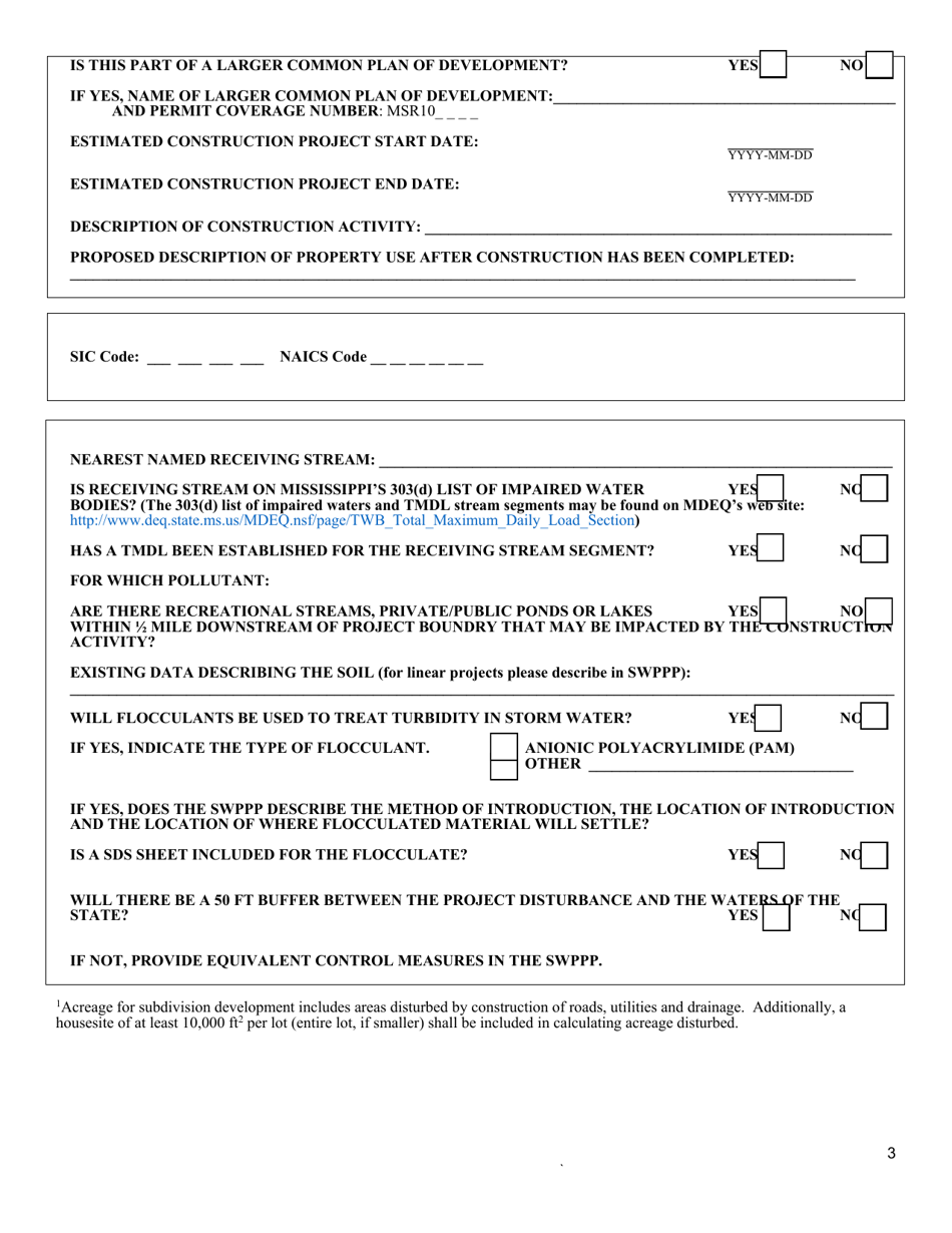 Large Construction Notice of Intent (Lcnoi) for Coverage Under the Large Construction Storm Water General Npdes Permit - Mississippi, Page 3