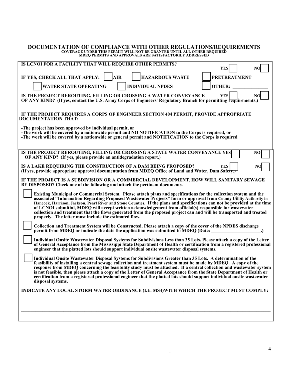 Large Construction Notice of Intent (Lcnoi) for Coverage Under the Large Construction Storm Water General Npdes Permit - Mississippi, Page 4