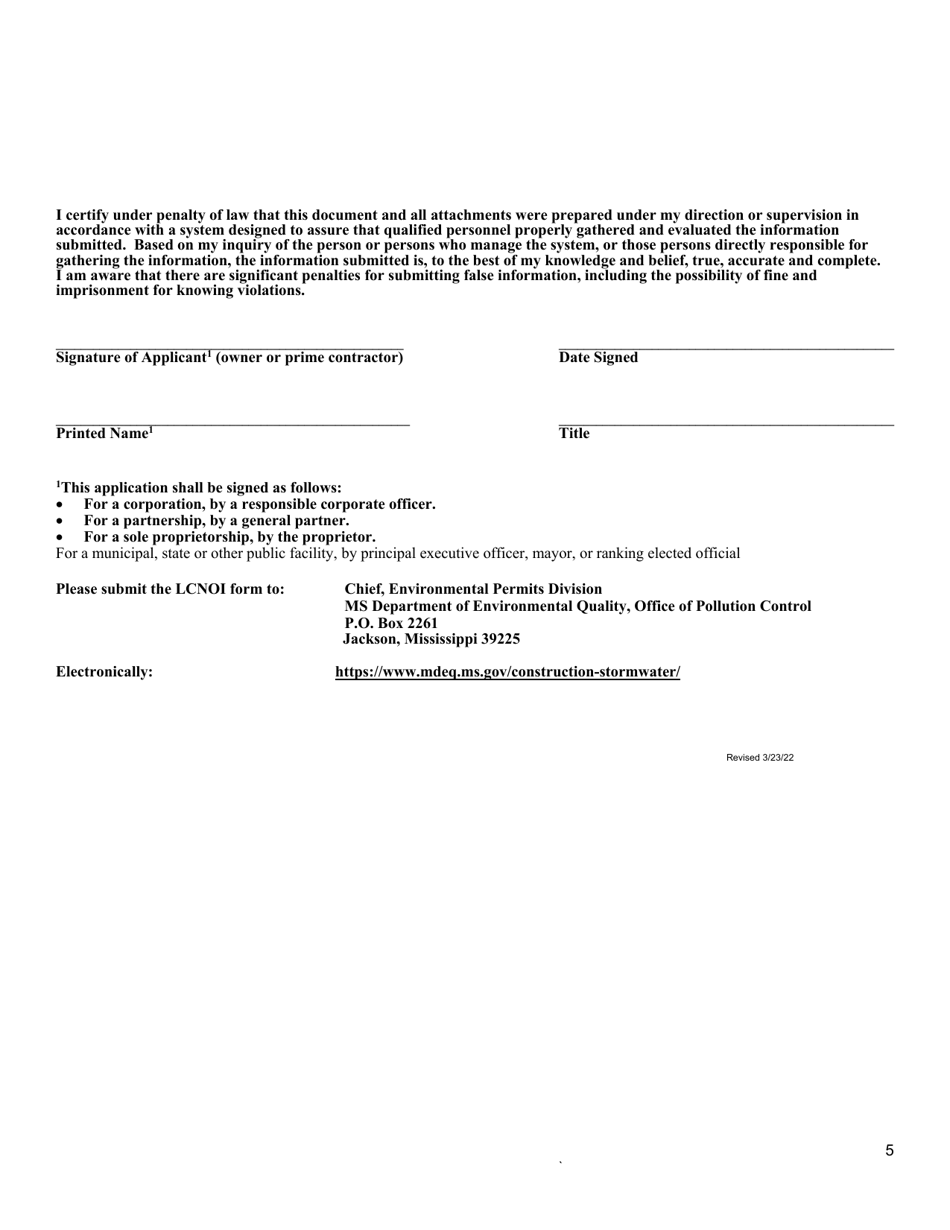 Large Construction Notice of Intent (Lcnoi) for Coverage Under the Large Construction Storm Water General Npdes Permit - Mississippi, Page 5