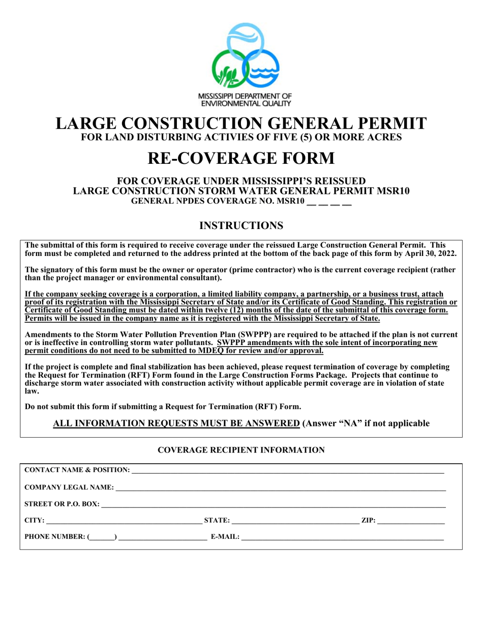 Large Construction General Permit for Land Disturbing Activities of Five or More Acres Re-coverage Form - Mississippi, Page 1