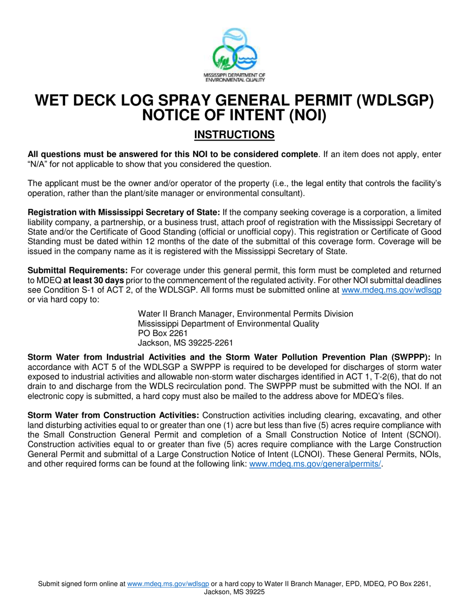 Wet Deck Log Spray Notice of Intent (Noi) - Mississippi, Page 1
