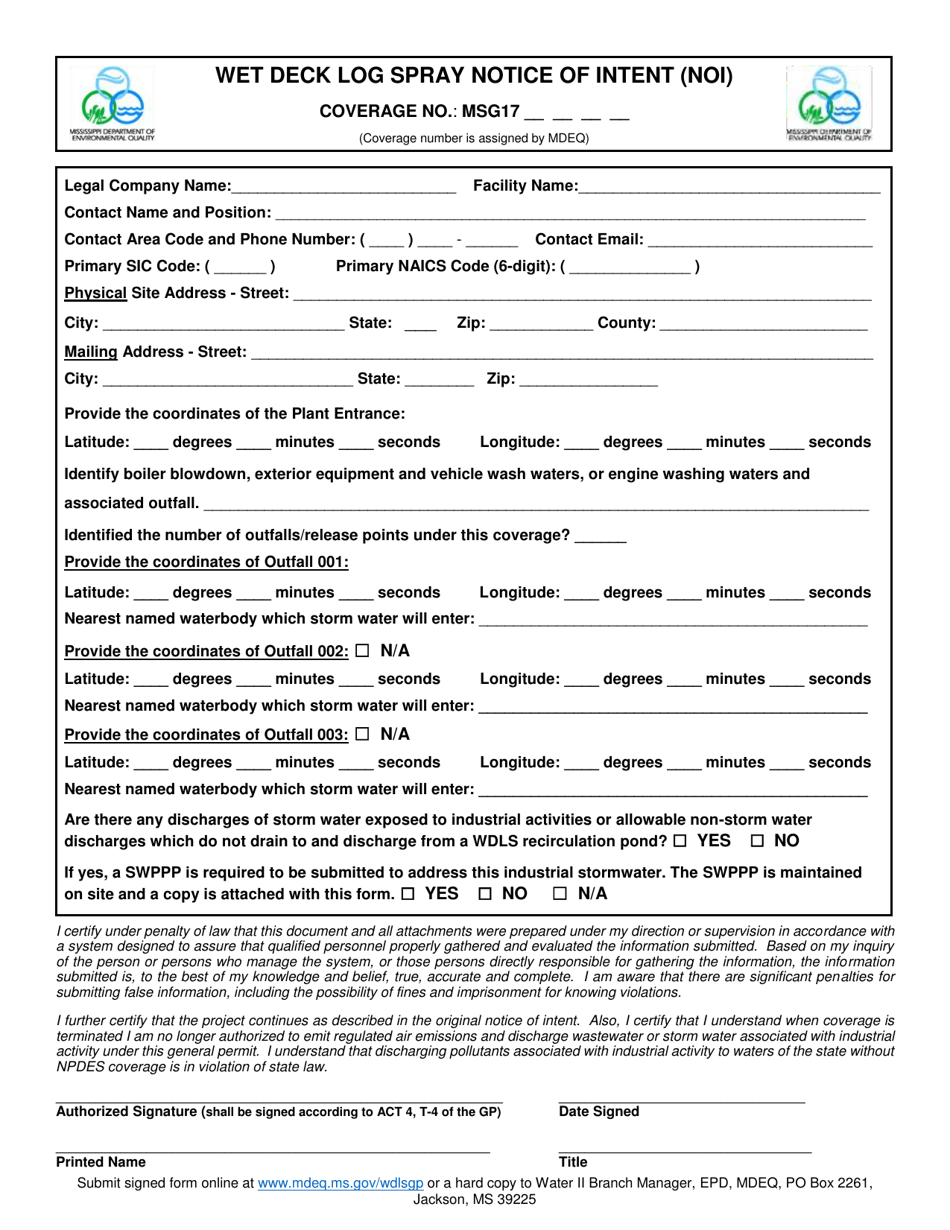 Wet Deck Log Spray Notice of Intent (Noi) - Mississippi, Page 2