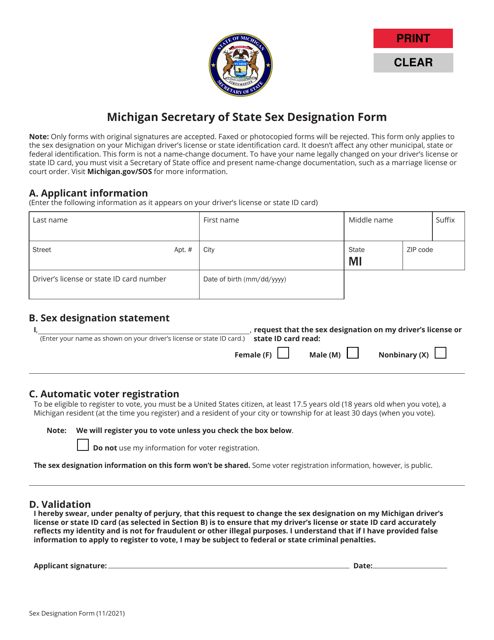 Sex Designation Form - Michigan Download Pdf