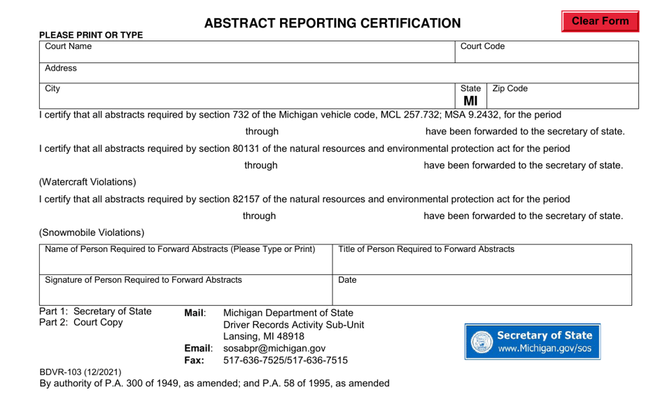 Form BDVR-103 Abstract Reporting Certification - Michigan, Page 1