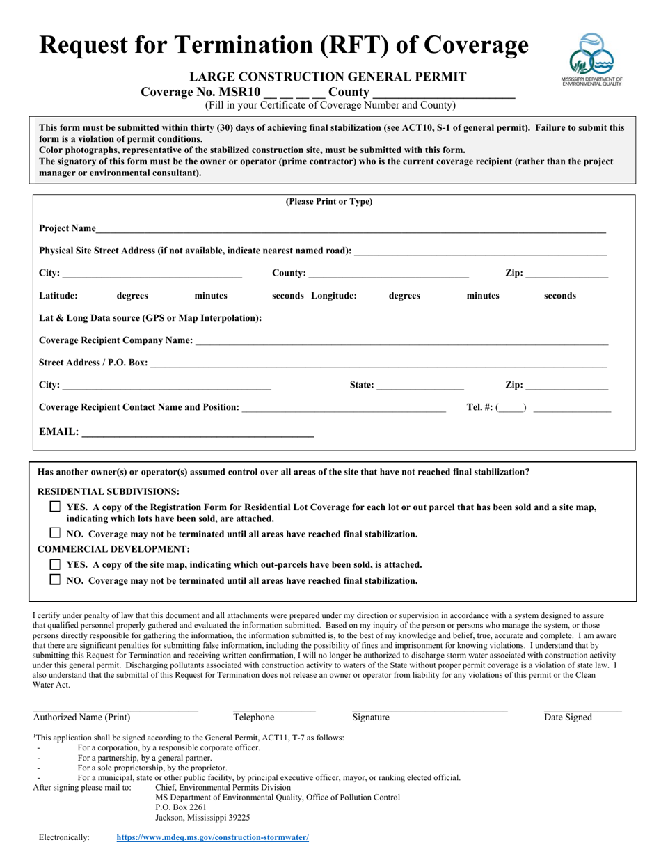 Request for Termination (Rft) of Coverage - Large Construction General Permit - Mississippi, Page 1