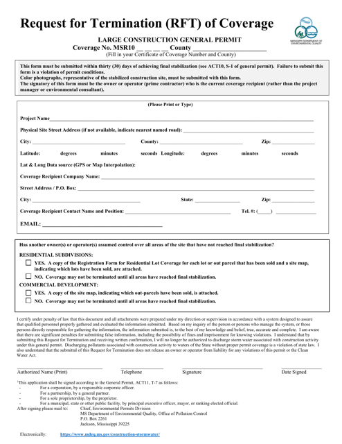 Request for Termination (Rft) of Coverage - Large Construction General Permit - Mississippi Download Pdf