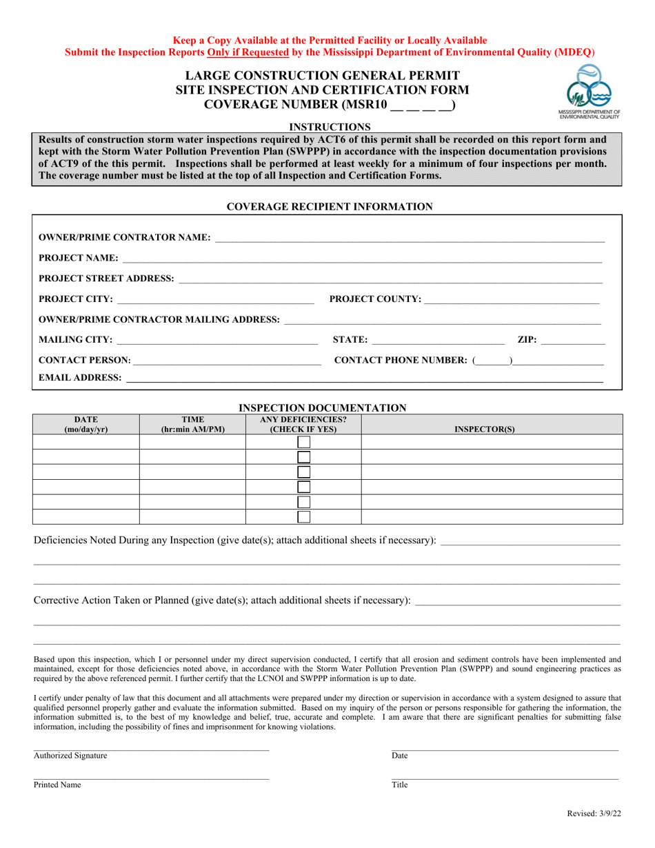 Large Construction General Permit Site Inspection and Certification Form - Mississippi, Page 1
