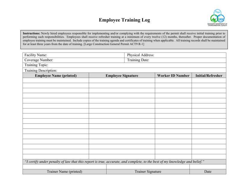 Employee Training Log - Large Construction General Permit - Mississippi Download Pdf