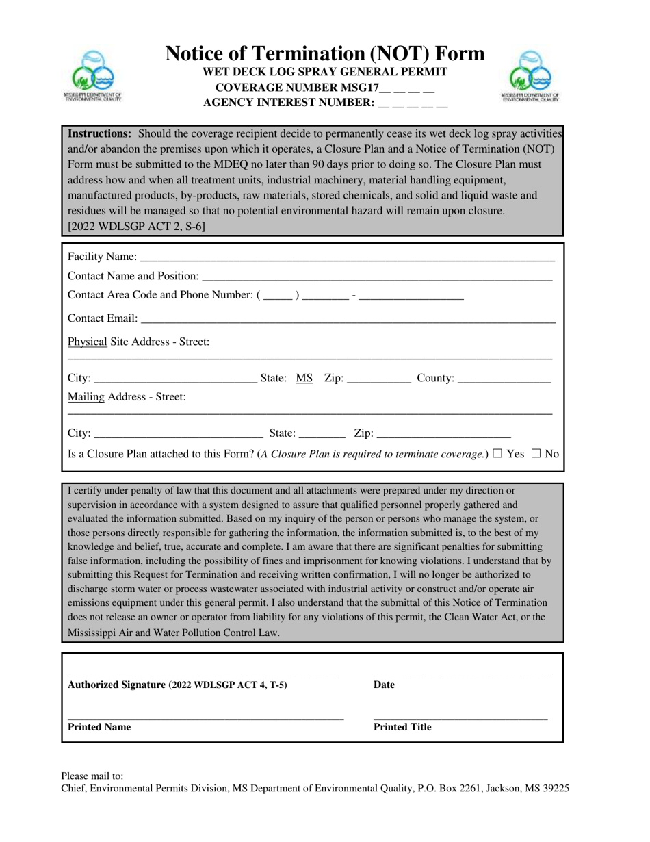Notice of Termination (Not) Form - Wet Deck Log Spray General Permit - Mississippi, Page 1