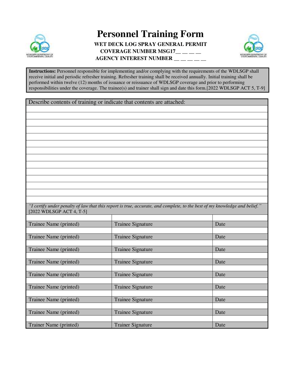Wet Deck Log Spray General Permit Personnel Training Form - Mississippi, Page 1