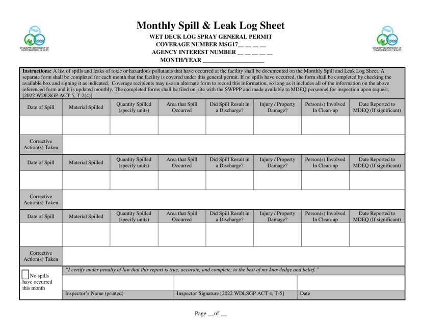Monthly Spill & Leak Log Sheet - Wet Deck Log Spray General Permit - Mississippi Download Pdf