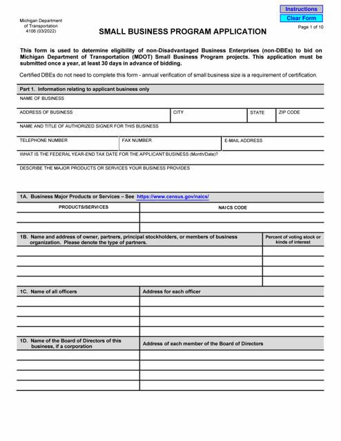 Form 4106 Small Business Program Application - Michigan