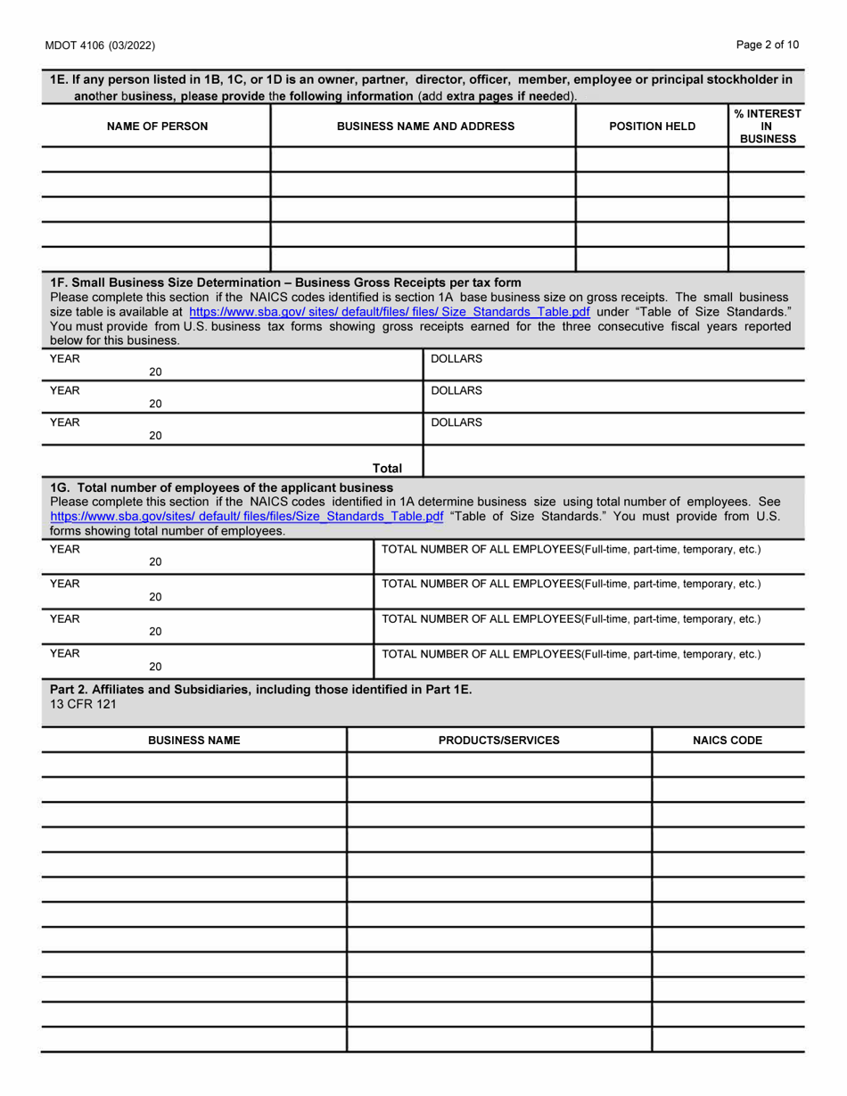 Form 4106 Small Business Program Application - Michigan, Page 2