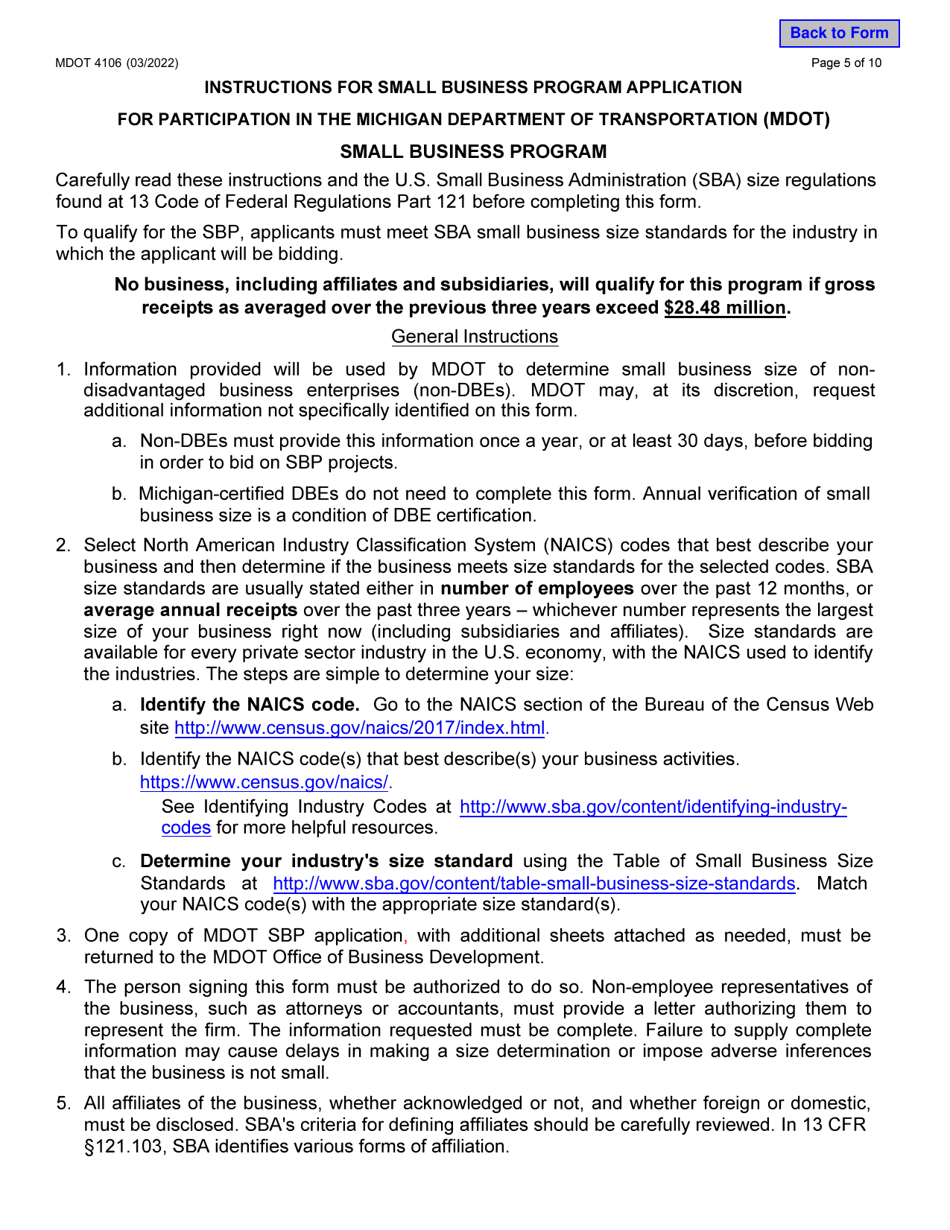 Form 4106 Small Business Program Application - Michigan, Page 5