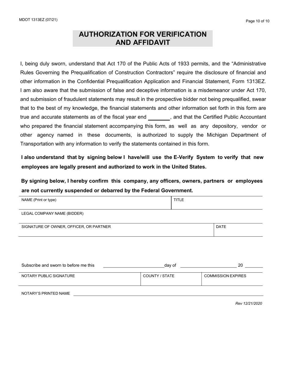 Form 1313EZ Construction Prequalification Renewal Application - Michigan, Page 10