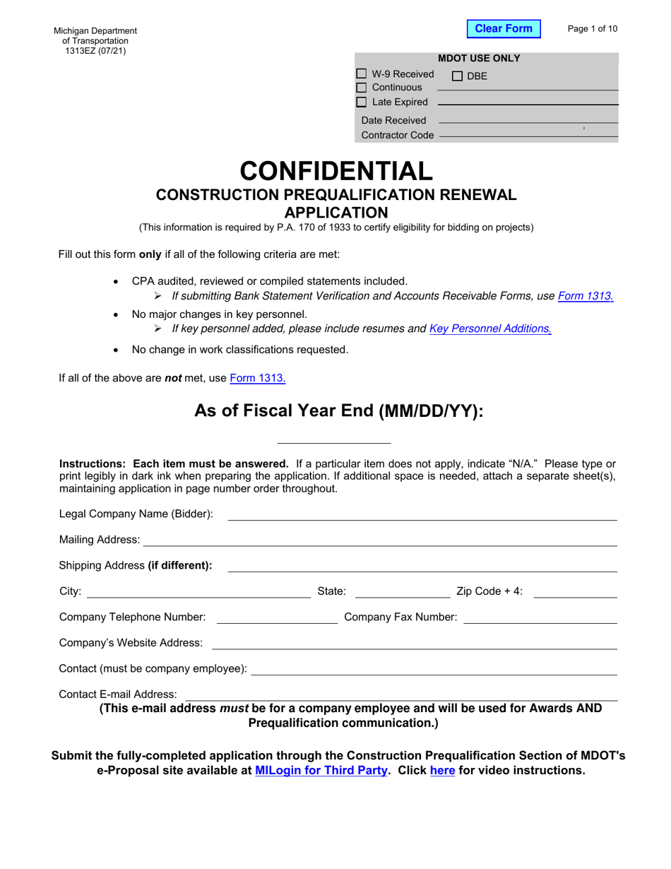 Form 1313EZ Construction Prequalification Renewal Application - Michigan, Page 1