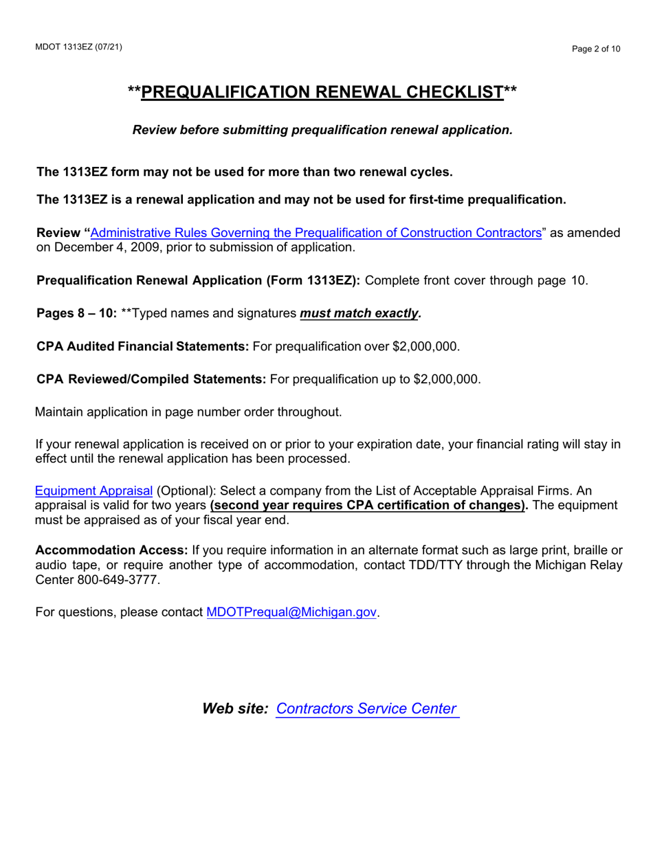 Form 1313EZ Construction Prequalification Renewal Application - Michigan, Page 2