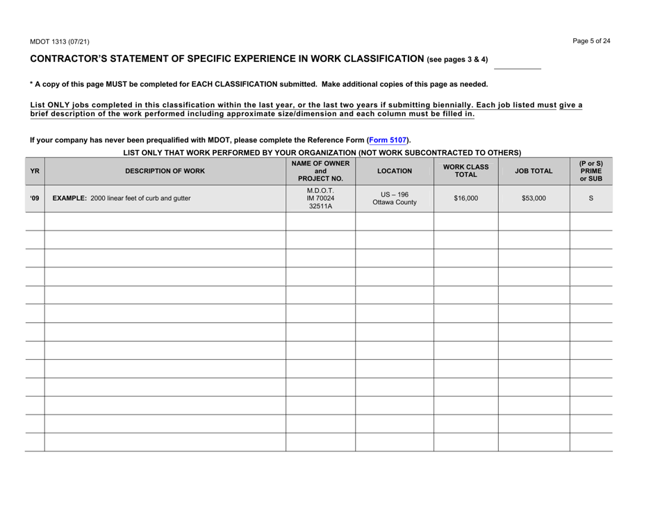 Form 1313 Construction Prequalification Application - Michigan, Page 5