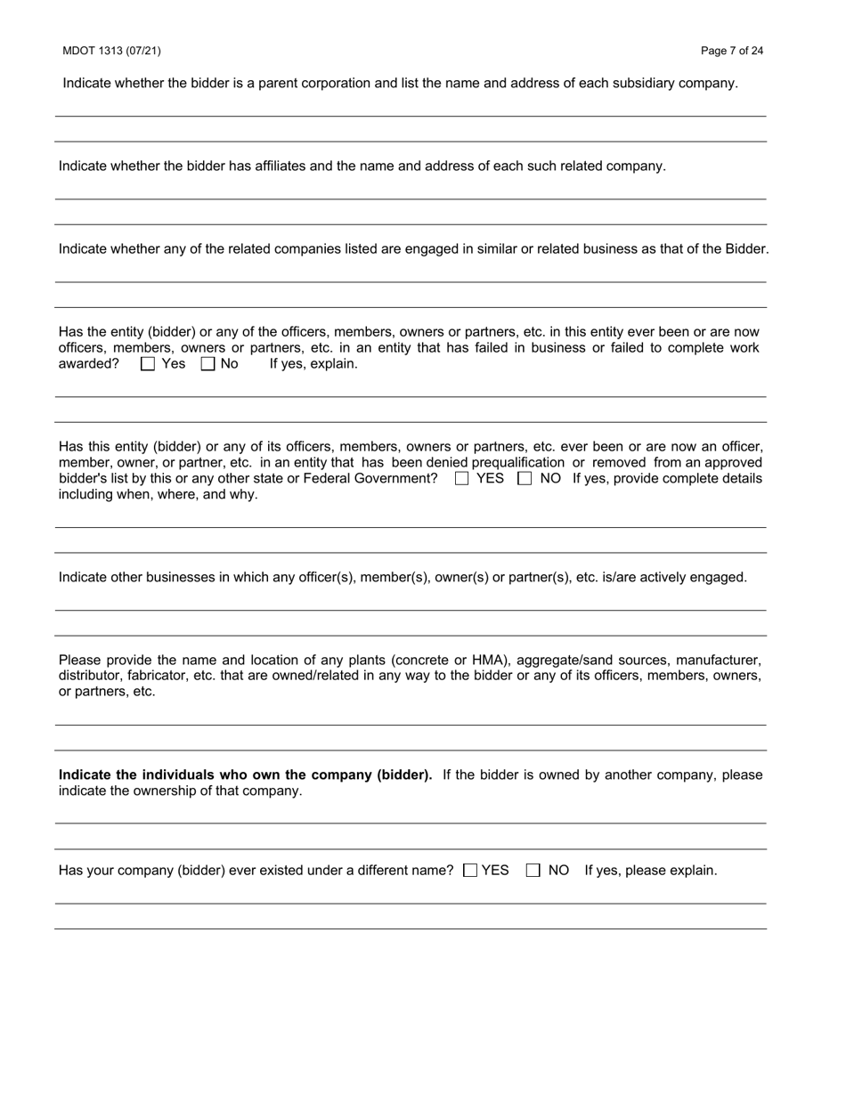 Form 1313 Construction Prequalification Application - Michigan, Page 7